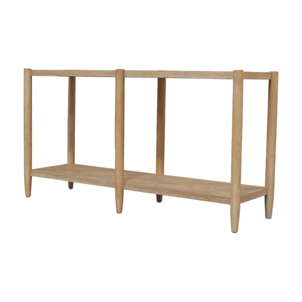 Alpine Furniture Sinclair Mid-Century Console Table 60" W – Solid Rubberwood With Oak Veneer, Open Shelf Storage, Sleek Design Natural 3458NAT-63