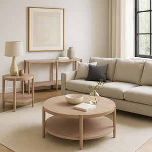 Alpine Furniture Sinclair Mid-Century Round End Table With Lower Shelf — Compact Oak Veneer Accent For Small Spaces Natural 3458NAT-62