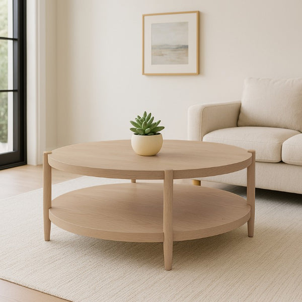 Alpine Furniture Sinclair Round Coffee Table — 48" Sculptural Oak Veneer Top With Open Shelf, Mid-Century Modern Appeal Natural 3458NAT-65