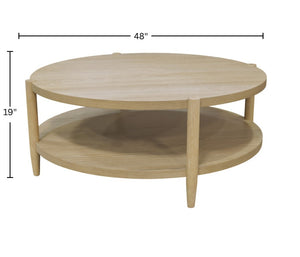 Alpine Furniture Sinclair Round Coffee Table — 48" Sculptural Oak Veneer Top With Open Shelf, Mid-Century Modern Appeal Natural 3458NAT-65