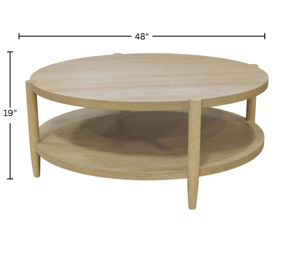 Alpine Furniture Sinclair Round Coffee Table — 48" Sculptural Oak Veneer Top With Open Shelf, Mid-Century Modern Appeal Natural 3458NAT-65