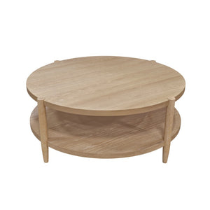 Alpine Furniture Sinclair Round Coffee Table — 48" Sculptural Oak Veneer Top With Open Shelf, Mid-Century Modern Appeal Natural 3458NAT-65