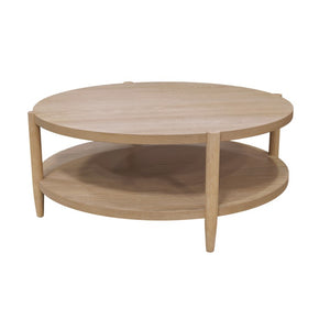 Alpine Furniture Sinclair Round Coffee Table — 48" Sculptural Oak Veneer Top With Open Shelf, Mid-Century Modern Appeal Natural 3458NAT-65
