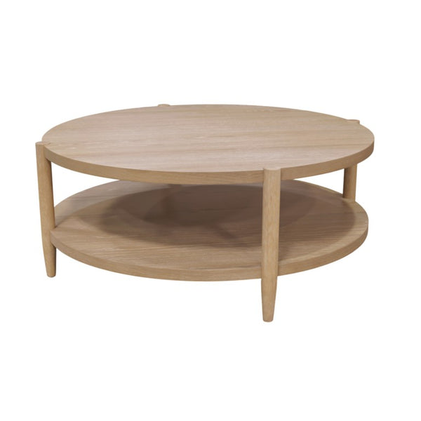 Alpine Furniture Sinclair Round Coffee Table — 48" Sculptural Oak Veneer Top With Open Shelf, Mid-Century Modern Appeal Natural 3458NAT-65