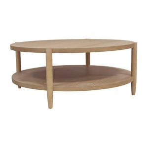 Alpine Furniture Sinclair Round Coffee Table — 48" Sculptural Oak Veneer Top With Open Shelf, Mid-Century Modern Appeal Natural 3458NAT-65
