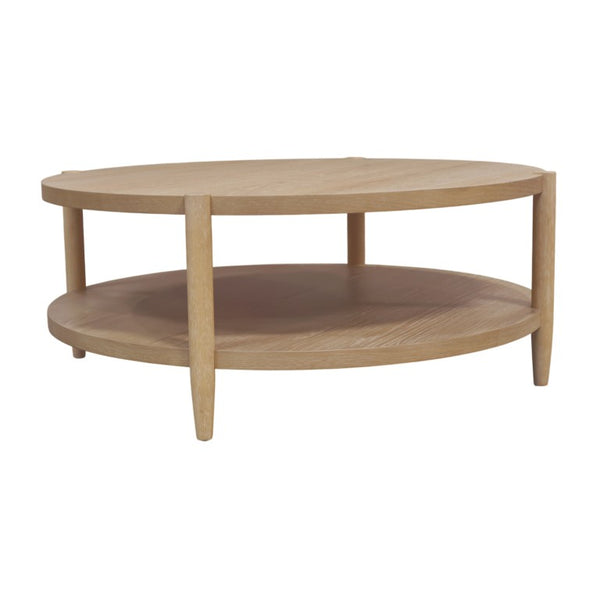 Alpine Furniture Sinclair Round Coffee Table — 48" Sculptural Oak Veneer Top With Open Shelf, Mid-Century Modern Appeal Natural 3458NAT-65