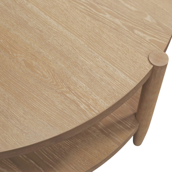 Alpine Furniture Sinclair Round Coffee Table — 48" Sculptural Oak Veneer Top With Open Shelf, Mid-Century Modern Appeal Natural 3458NAT-65