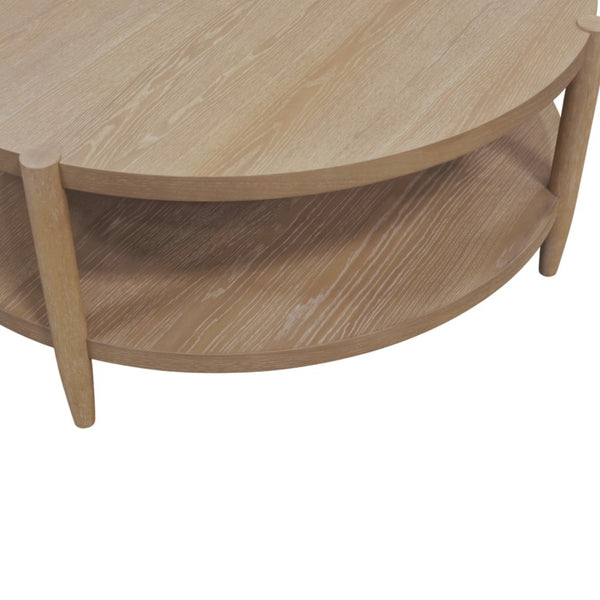 Alpine Furniture Sinclair Round Coffee Table — 48" Sculptural Oak Veneer Top With Open Shelf, Mid-Century Modern Appeal Natural 3458NAT-65
