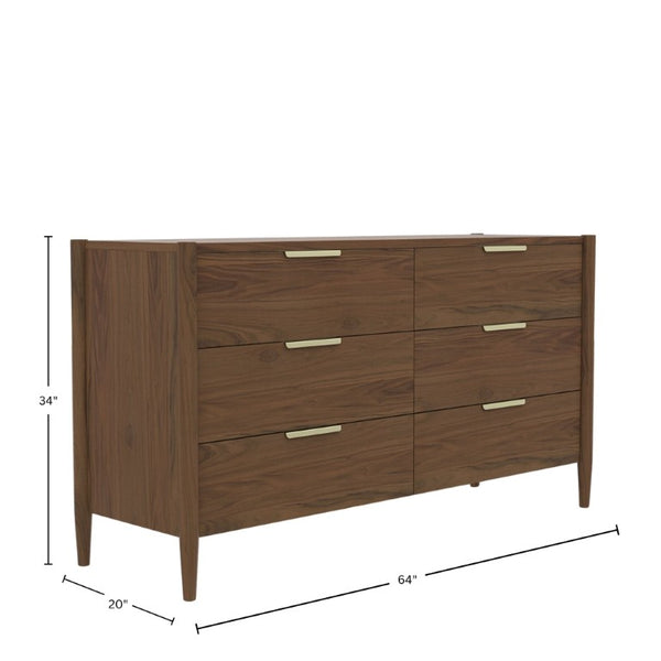 Alpine Furniture Sinclair Dresser With Six Drawers, Gold-Finish Handles, Soft-Close Glides And Fully Assembled Craftsmanship Walnut 3458WAL-03
