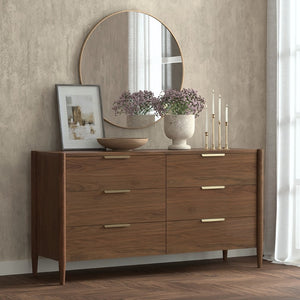 Alpine Furniture Sinclair Dresser With Six Drawers, Gold-Finish Handles, Soft-Close Glides And Fully Assembled Craftsmanship Walnut 3458WAL-03