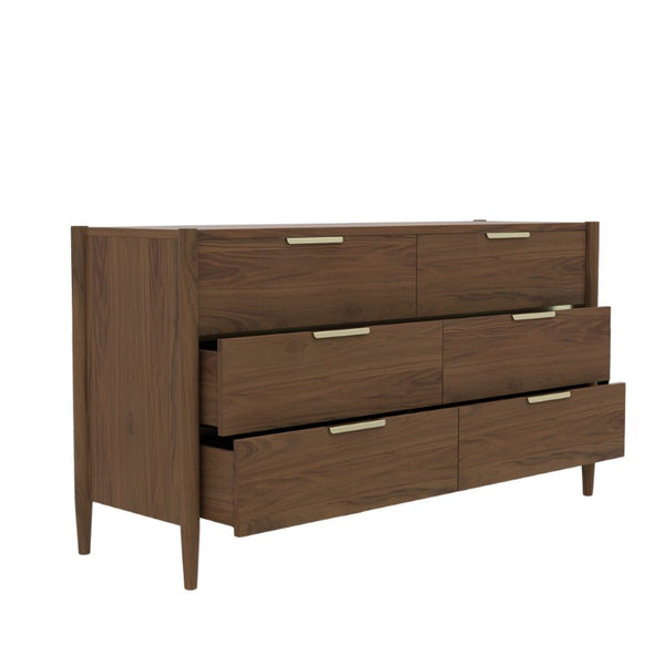 Alpine Furniture Sinclair Dresser With Six Drawers, Gold-Finish Handles, Soft-Close Glides And Fully Assembled Craftsmanship Walnut 3458WAL-03
