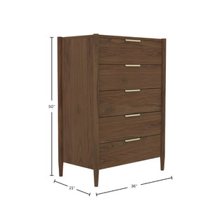 Alpine Furniture Sinclair Chest With Polished Gold Hardware — Coastal-Inspired Five-Drawer Dresser, Soft-Close Storage Walnut 3458WAL-05