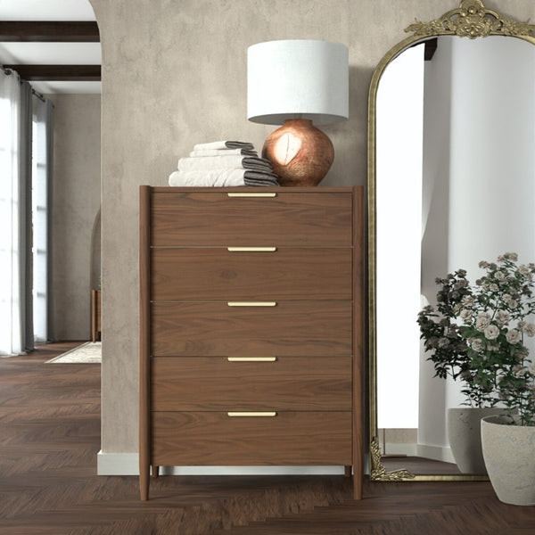 Alpine Furniture Sinclair Chest With Polished Gold Hardware — Coastal-Inspired Five-Drawer Dresser, Soft-Close Storage Walnut 3458WAL-05