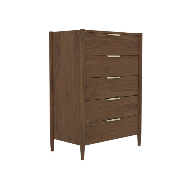 Alpine Furniture Sinclair Chest With Polished Gold Hardware — Coastal-Inspired Five-Drawer Dresser, Soft-Close Storage Walnut 3458WAL-05