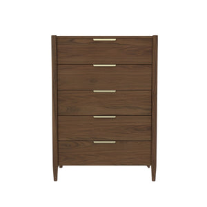 Alpine Furniture Sinclair Chest With Polished Gold Hardware — Coastal-Inspired Five-Drawer Dresser, Soft-Close Storage Walnut 3458WAL-05