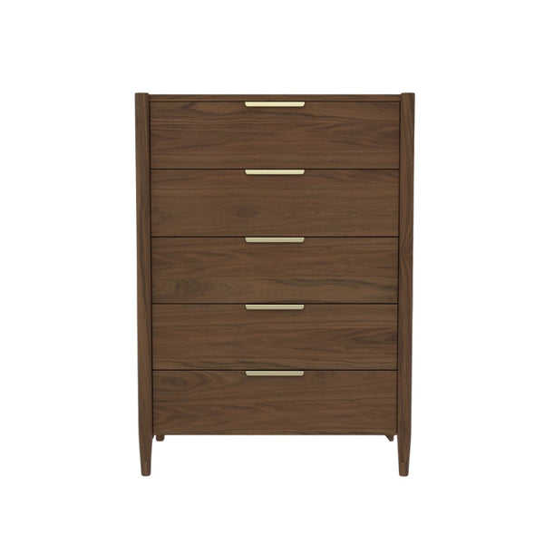 Alpine Furniture Sinclair Chest With Polished Gold Hardware — Coastal-Inspired Five-Drawer Dresser, Soft-Close Storage Walnut 3458WAL-05