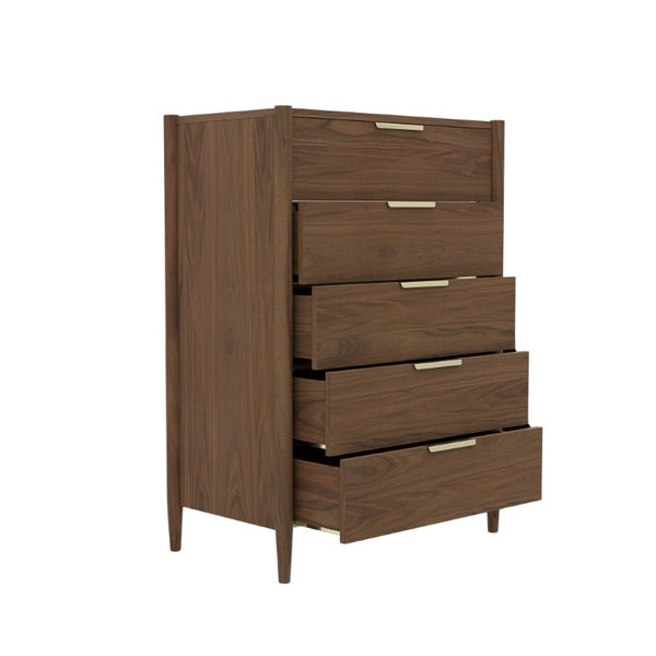 Alpine Furniture Sinclair Chest With Polished Gold Hardware — Coastal-Inspired Five-Drawer Dresser, Soft-Close Storage Walnut 3458WAL-05