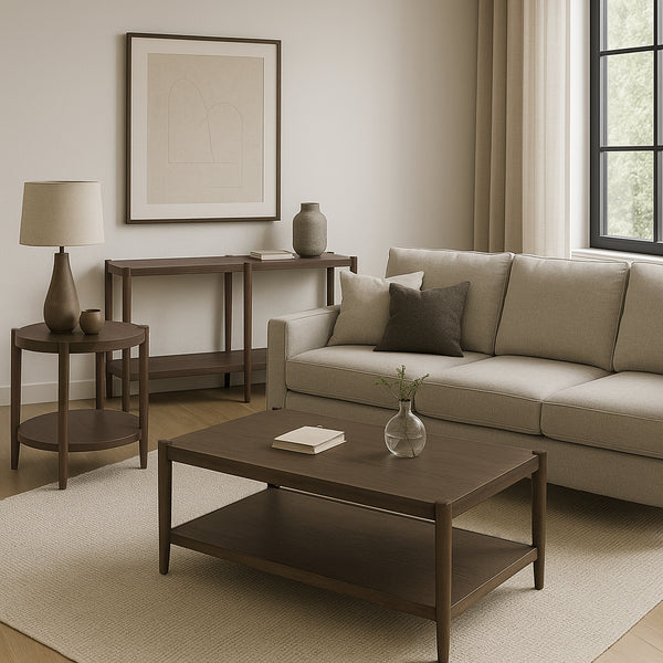 Alpine Furniture Sinclair Rectangular Coffee Table With Open Lower Shelf, Mid-Century Lines, Rounded Corners, Durable Oak Veneer Finish Walnut 3458WAL-61
