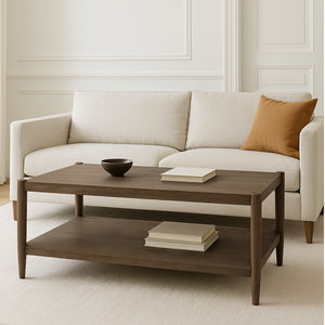 Alpine Furniture Sinclair Rectangular Coffee Table With Open Lower Shelf, Mid-Century Lines, Rounded Corners, Durable Oak Veneer Finish Walnut 3458WAL-61