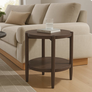 Alpine Furniture Sinclair Mid-Century Round End Table With Lower Shelf — Compact Oak Veneer Accent For Small Spaces Walnut 3458WAL-62