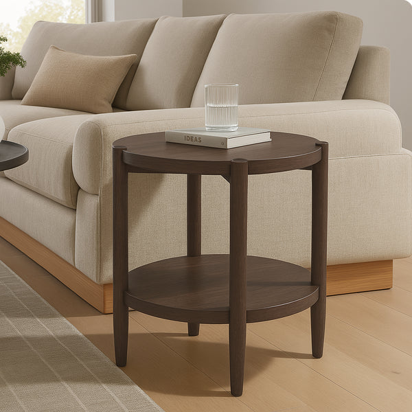 Alpine Furniture Sinclair Mid-Century Round End Table With Lower Shelf — Compact Oak Veneer Accent For Small Spaces Walnut 3458WAL-62