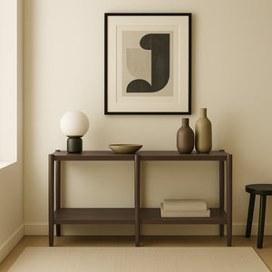 Alpine Furniture Sinclair Mid-Century Console Table 60" W – Solid Rubberwood With Oak Veneer, Open Shelf Storage, Sleek Design Walnut 3458WAL-63