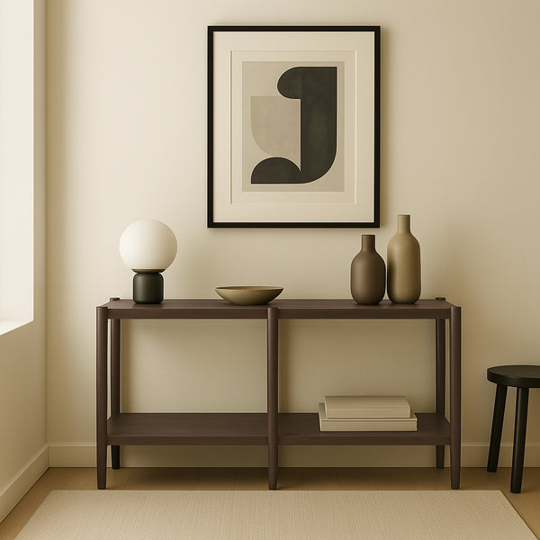 Alpine Furniture Sinclair Mid-Century Console Table 60" W – Solid Rubberwood With Oak Veneer, Open Shelf Storage, Sleek Design Walnut 3458WAL-63