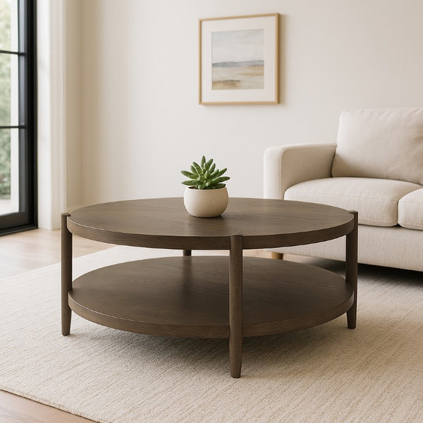 Alpine Furniture Sinclair Round Coffee Table — 48" Sculptural Oak Veneer Top With Open Shelf, Mid-Century Modern Appeal Walnut 3458WAL-65