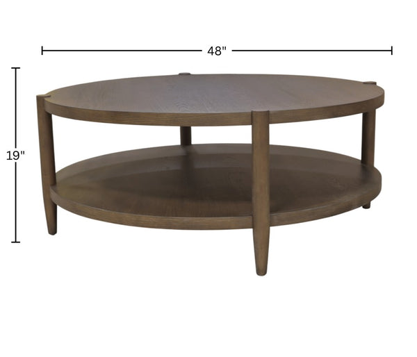 Alpine Furniture Sinclair Round Coffee Table — 48" Sculptural Oak Veneer Top With Open Shelf, Mid-Century Modern Appeal Walnut 3458WAL-65