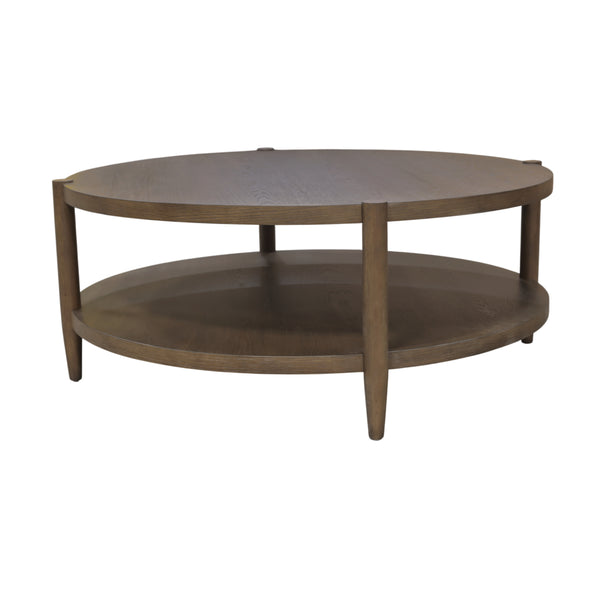 Alpine Furniture Sinclair Round Coffee Table — 48" Sculptural Oak Veneer Top With Open Shelf, Mid-Century Modern Appeal Walnut 3458WAL-65