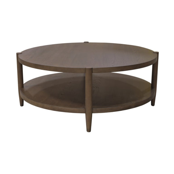 Alpine Furniture Sinclair Round Coffee Table — 48" Sculptural Oak Veneer Top With Open Shelf, Mid-Century Modern Appeal Walnut 3458WAL-65