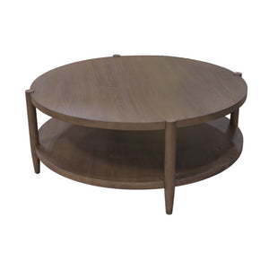 Alpine Furniture Sinclair Round Coffee Table — 48" Sculptural Oak Veneer Top With Open Shelf, Mid-Century Modern Appeal Walnut 3458WAL-65