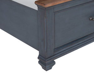 English Elm King King Size Sleigh Bed Corduroy Blue Finish with USB Ports, Storage Footboard, Coastal Charm and Durable Rubberwood Craftsmanship B108S00029