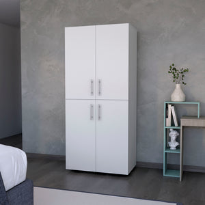 English Elm Hazel Slim White Melamine Armoire with 2 Doors, 4 Shelves & 2 Hanging Bars — Stylish Space-Saver B128S00008