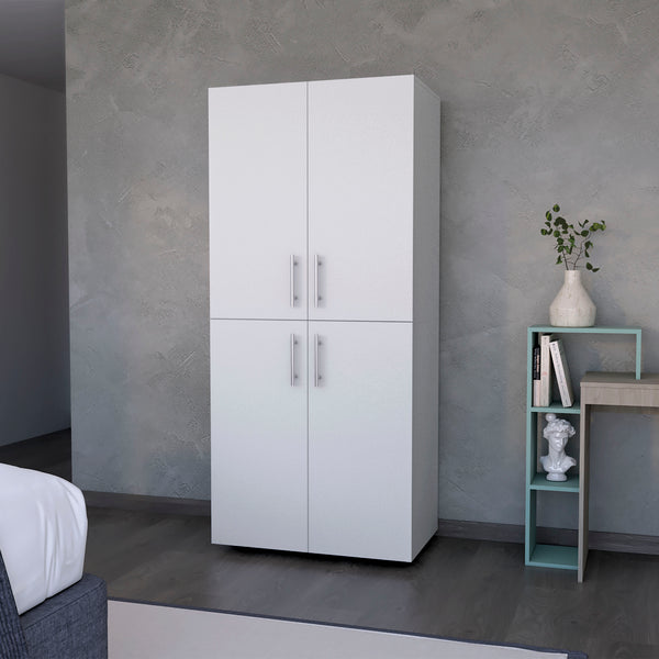 English Elm Hazel Slim White Melamine Armoire with 2 Doors, 4 Shelves & 2 Hanging Bars — Stylish Space-Saver B128S00008
