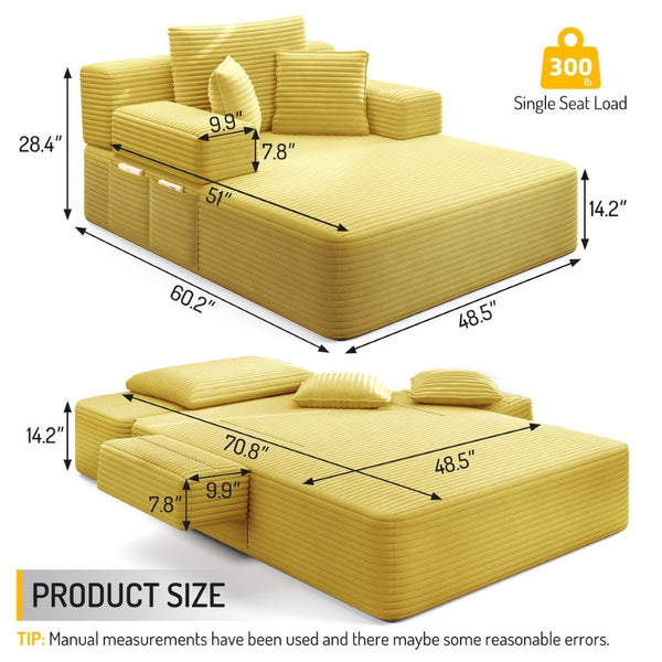 English Elm Luxurious Corduroy Frameless Chaise Sofa Bed with Spring Cushion and Storage Pocket Yellow W3219P496262
