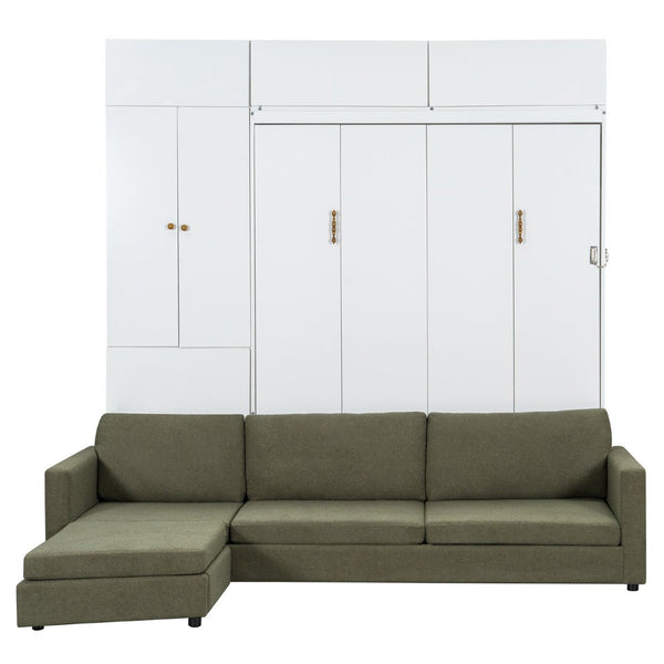 English Elm Queen Murphy Bed with L-shaped Velvet Sofa Storage Cabinets for Studio Living White LP000765AAG-1