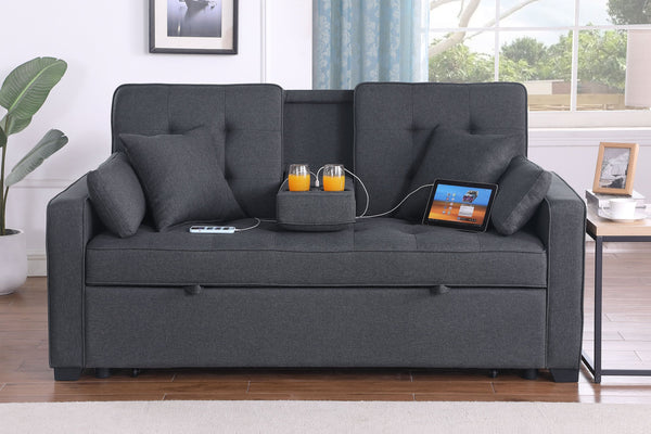 English Elm Cody 70"W Dark Gray Linen Convertible Sleeper Loveseat With Console, Usb Ports, And Storage Pockets B061S00835
