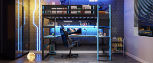 English Elm Twin Loft Bed with Rgb Lighting Usb Ports Wraparound Shelves and Gaming Desk Blue LT000298AAC