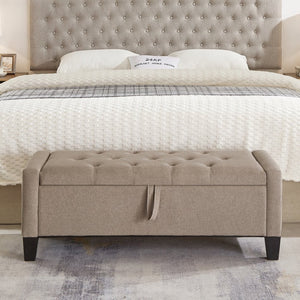 English Elm Ottoman Storage Bench Tufted Linen Upholstered Entryway Seat with Lift Top Shelf Linen W2186P469999