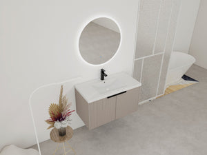 English Elm 36" Floating Bathroom Vanity with Resin Sink, Wavy Doors, Dual Soft-Close Cabinets, Plywood Durable Finish W999P293173