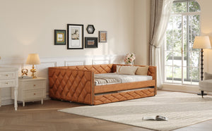 English Elm Full XL Upholstered Daybed with Trundle and Built-In LED Lighting, Tufted Arms, Solid Wood Frame Brown N7090000611D