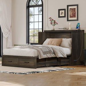 English Elm Full Farmhouse Murphy Cabinet Bed with Charging Station and Large Drawers, Space-Saving Guest Solution Gray 52.25 L x 26.25 W x 5.25 H N733S237853G