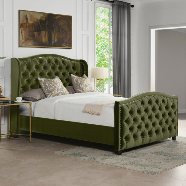 English Elm Jennifer Taylor Home - Marcella Upholstered Shelter Headboard Bed Set - Queen Size In Olive Green Velvet For Luxe Comfort B2719P238221