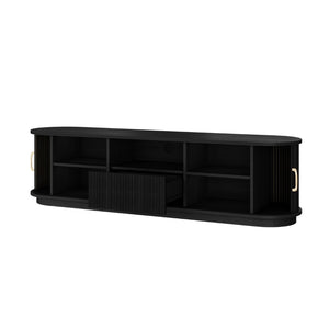 English Elm Vintage Farmhouse Media Console with Slatted Sliding Doors and Brass Hardware for Living Room Black N721P427206B