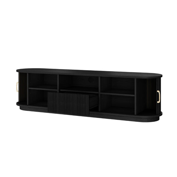 English Elm Vintage Farmhouse Media Console with Slatted Sliding Doors and Brass Hardware for Living Room Black N721P427206B
