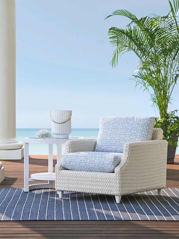 Lexington Tommy Bahama Outdoor 3460-953 Ocean Breeze Round End Table - Elegant Coastal Design With Glass Top & Herringbone Weave White Wood 3460-953