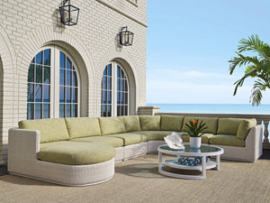 Lexington Tommy Bahama Outdoor 3460-943 Round Cocktail Table - Ocean Breeze Elegance With Marine Blue Glass Top & Woven Shelf Design White Wood 3460-943