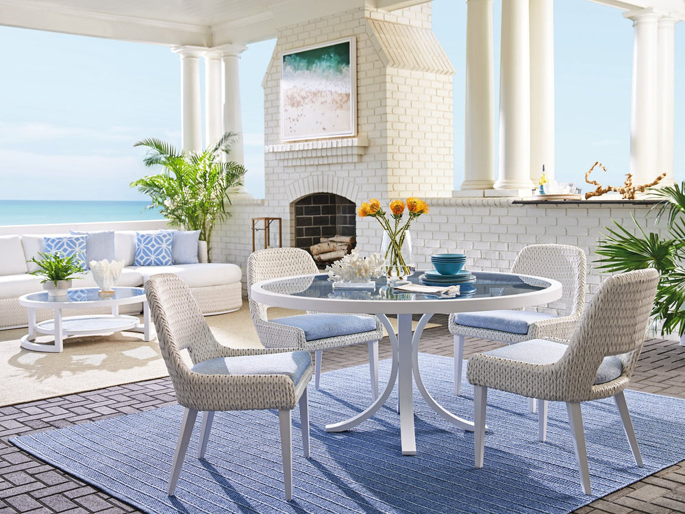 Lexington Tommy Bahama Outdoor 3460-870c Ocean Breeze Round Dining Table - Elegant Coastal Design With Marine Blue Glass Top White Wood 3460-870c