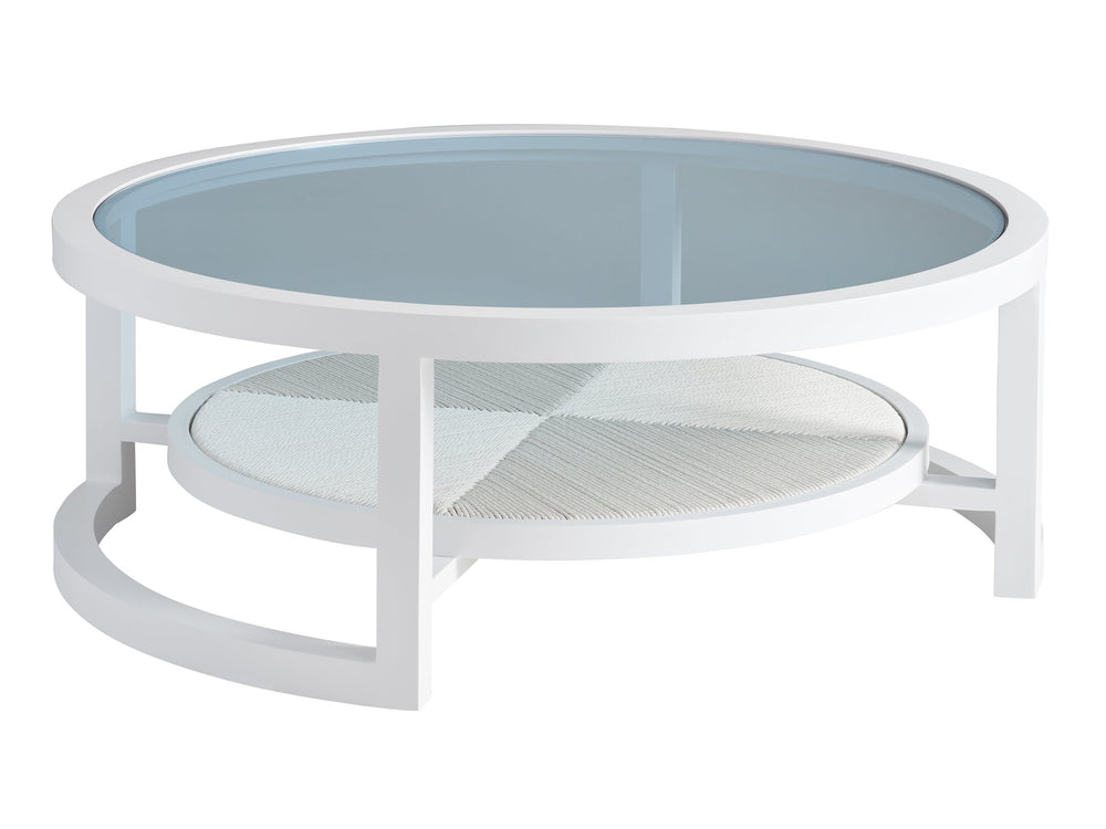 Lexington Tommy Bahama Outdoor 3460-943 Round Cocktail Table - Ocean Breeze Elegance With Marine Blue Glass Top & Woven Shelf Design White Wood 3460-943